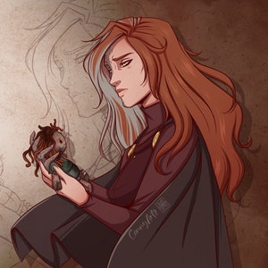 May include: A woman with long red hair holds a doll with a distressed fabric body and a painted face. The doll has dark brown hair and is wearing a green shirt. The woman is wearing a dark purple shirt and a black cloak. The background is a faded brown color.
