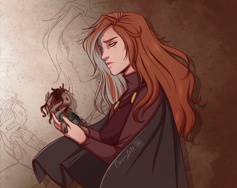 May include: A woman with long red hair holds a doll with a distressed fabric body and a painted face. The doll has dark brown hair and is wearing a green shirt. The woman is wearing a dark purple shirt and a black cloak. The background is a faded brown color.