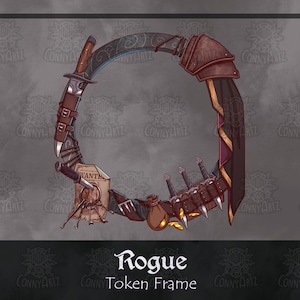 May include: A circular frame with a rogue theme, featuring a curved blade, a dagger, a wanted poster, and a pouch. The frame is decorated with gold accents and has the text "Rogue Token Frame".