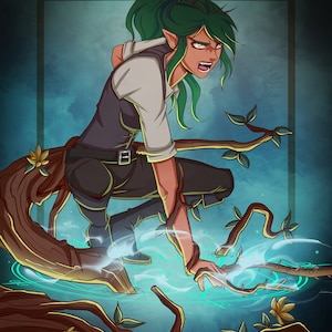 May include: A green-haired elf character with pointed ears, wearing a white shirt and dark pants, is crouched on a tree branch. The character is reaching out with their right hand, and there is a swirling blue energy around the branch.