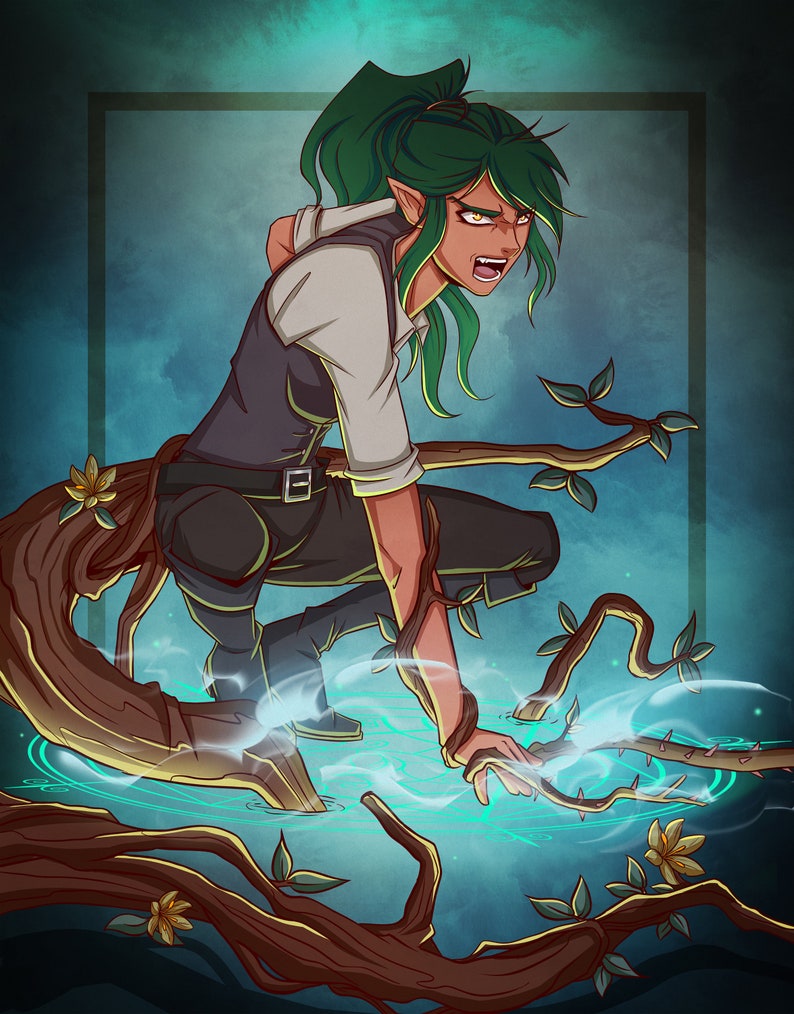 May include: A green-haired elf character with pointed ears, wearing a white shirt and dark pants, is crouched on a tree branch. The character is reaching out with their right hand, and there is a swirling blue energy around the branch.