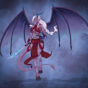 May include: A female figure with purple wings, a long tail, and horns. She is wearing a red and white outfit with intricate tattoos. She is holding a glowing blue orb in her right hand and a sword in her left hand.