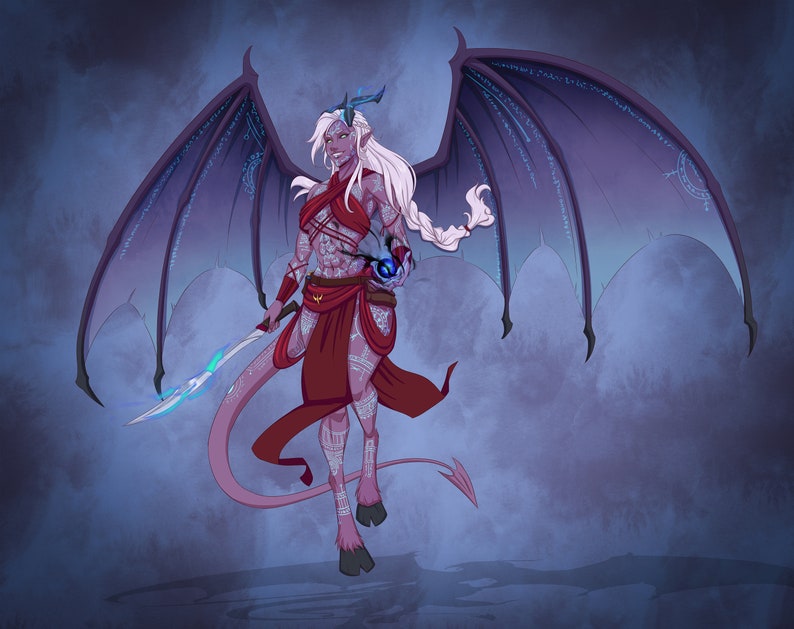 May include: A female figure with purple wings, a long tail, and horns. She is wearing a red and white outfit with intricate tattoos. She is holding a glowing blue orb in her right hand and a sword in her left hand.