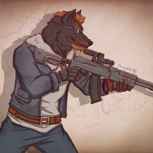May include: A furry, anthropomorphic wolf wearing a blue jacket and holding a black rifle with a scope. The wolf is wearing a white shirt and a brown belt. The background is a light brown color.