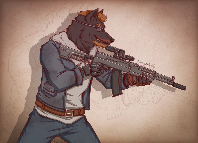 May include: A furry, anthropomorphic wolf wearing a blue jacket and holding a black rifle with a scope. The wolf is wearing a white shirt and a brown belt. The background is a light brown color.