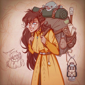 May include: A woman with long brown hair wearing a yellow and brown dress and a large backpack. She is carrying a small gray creature on her backpack. The backpack has a brown leather strap and a metal buckle. The woman is also wearing a necklace with a pendant. The background is a light brown color.