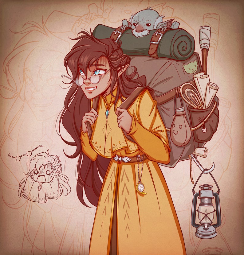May include: A woman with long brown hair wearing a yellow and brown dress and a large backpack. She is carrying a small gray creature on her backpack. The backpack has a brown leather strap and a metal buckle. The woman is also wearing a necklace with a pendant. The background is a light brown color.