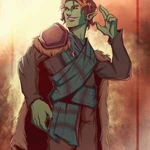 May include: A green-skinned humanoid with horns and a crown of leaves, wearing a brown fur-lined cloak, a plaid scarf, and a brown leather belt with a shield on their shoulder. The background is a blurry orange and brown.