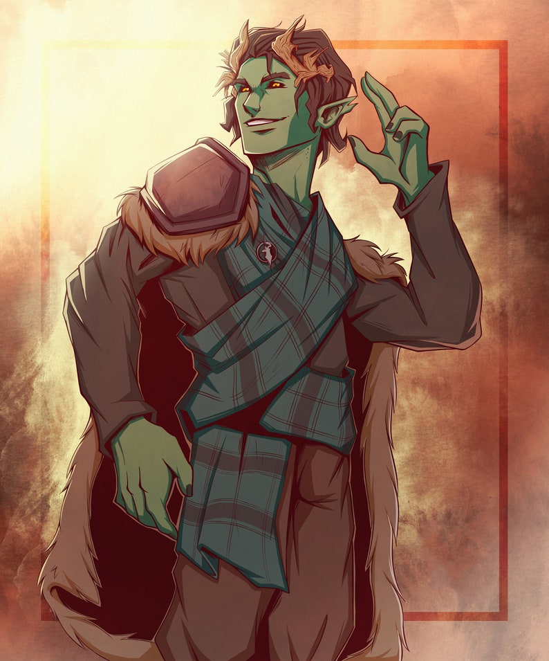 May include: A green-skinned humanoid with horns and a crown of leaves, wearing a brown fur-lined cloak, a plaid scarf, and a brown leather belt with a shield on their shoulder. The background is a blurry orange and brown.