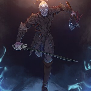 May include: A fantasy character with pale skin and blonde hair in a ponytail, wearing dark armor and holding a sword and an axe. The character is standing on a blue and white flame effect.