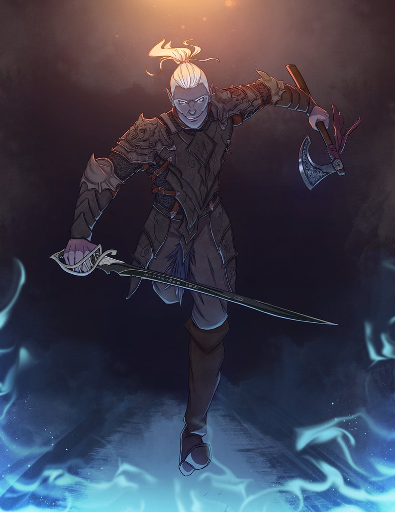 May include: A fantasy character with pale skin and blonde hair in a ponytail, wearing dark armor and holding a sword and an axe. The character is standing on a blue and white flame effect.