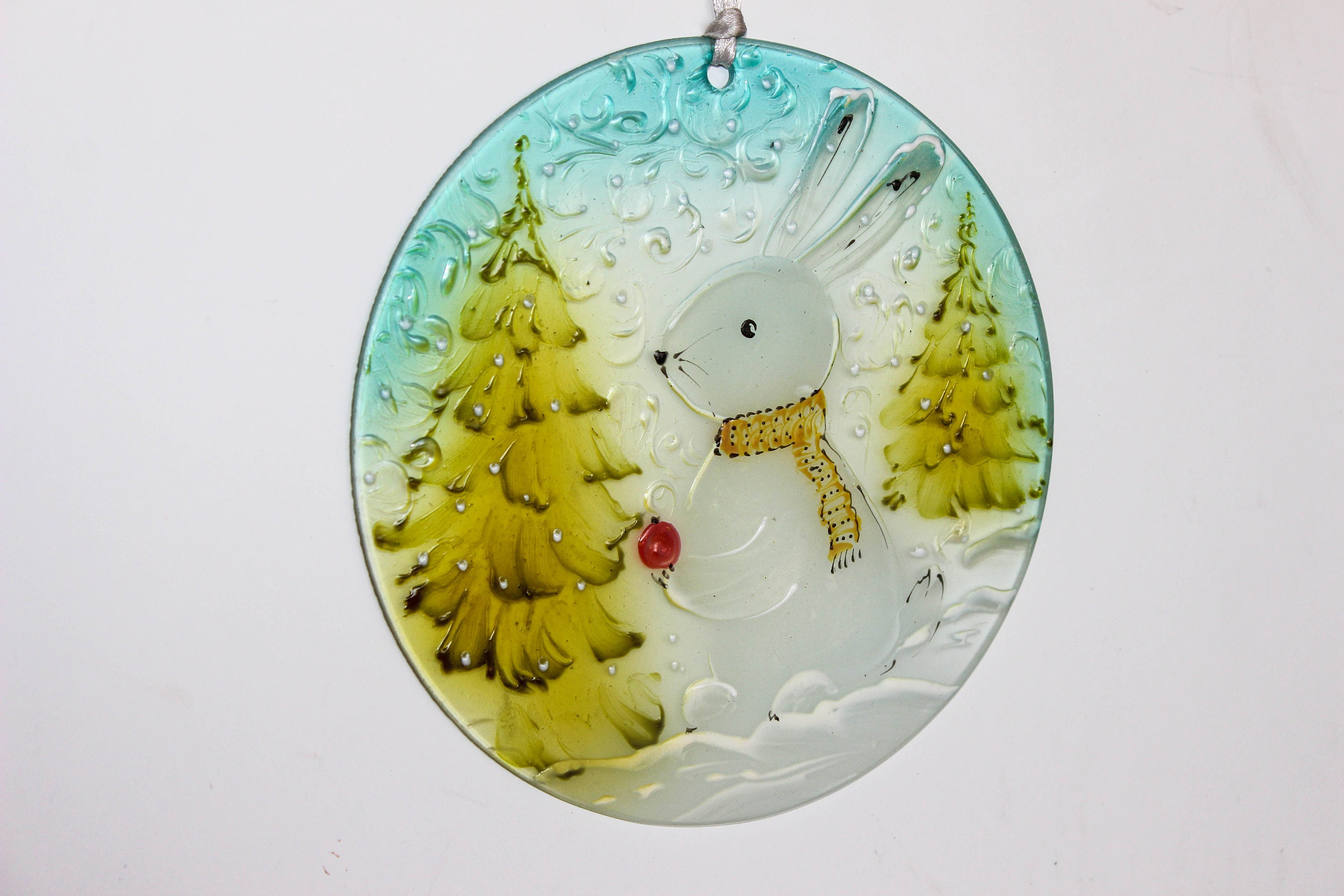 Holiday stain glass Christmas Ornament Glass Ornament Rabbit Etsy