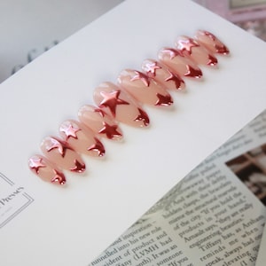Pink chrome stars gel press on nails