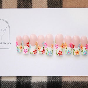 White French tip colorful spring floral gel press on nails