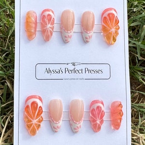 3D Orange slices and pink Talavera reusable gel press on nails