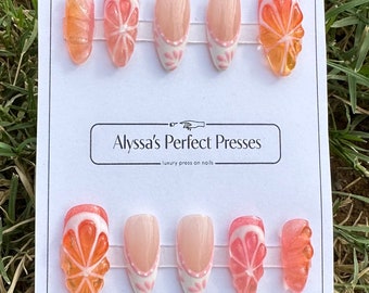 3D Orange slices and pink Talavera reusable gel press on nails