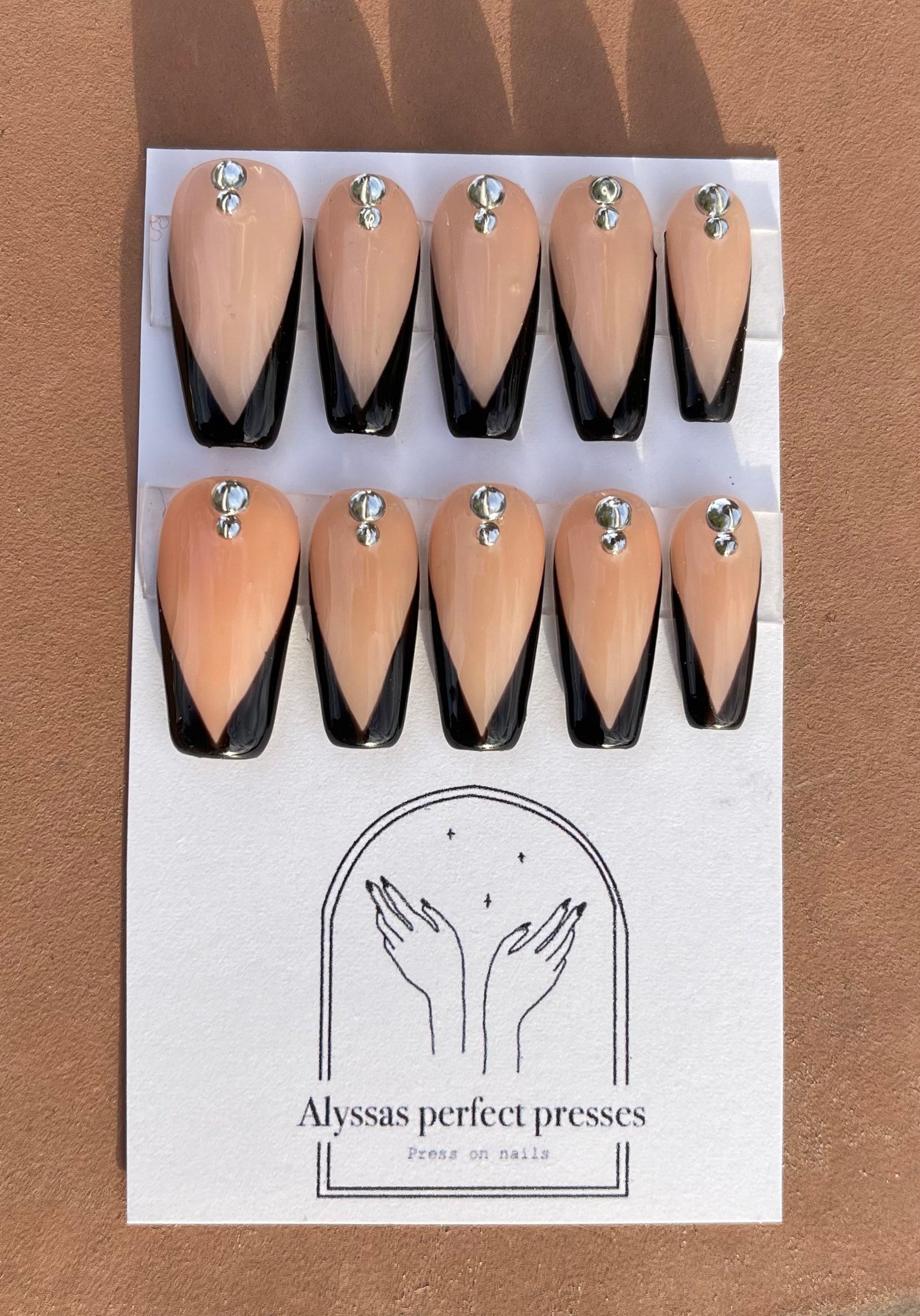 Black French Triangle Tip Nails With Gems Etsy