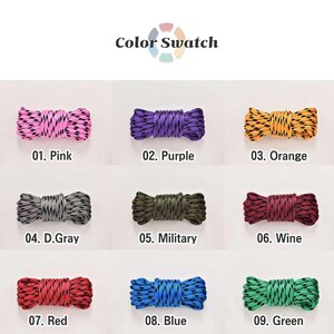 May include: A color swatch featuring nine different colored ropes. The colors include pink, purple, orange, dark gray, military green, wine, red, blue, and green. Each rope is labeled with a number and color name.