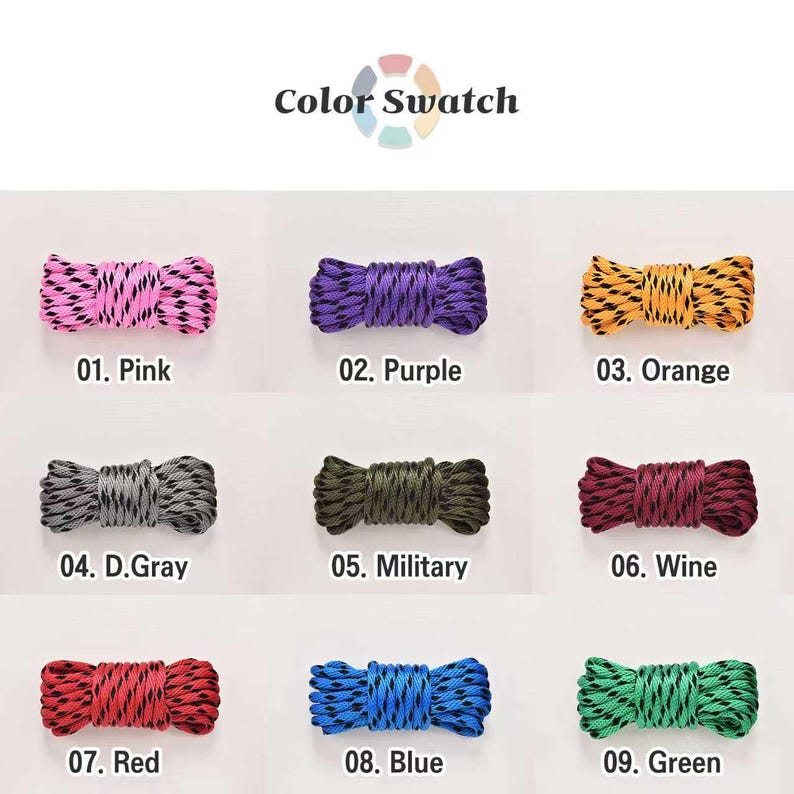 May include: A color swatch featuring nine different colored ropes. The colors include pink, purple, orange, dark gray, military green, wine, red, blue, and green. Each rope is labeled with a number and color name.