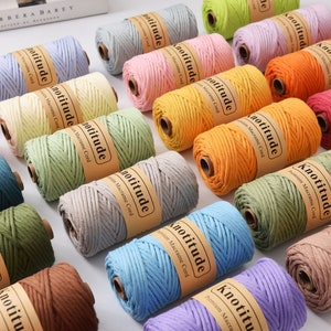 Peut inclure: Plusieurs bobines de fil macramé colorées. Chaque bobine porte l'étiquette de la marque "Knotitude" et est disponible dans une variété de couleurs, notamment rose, vert, orange et bleu. Les bobines sont disposées sur une surface blanche.