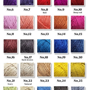 May include: Color swatch featuring 35 yarn color samples, each in a square frame. Colors range from green, blue, red, and purple to brown, yellow, and black. The text "Color Swatch" is at the top.