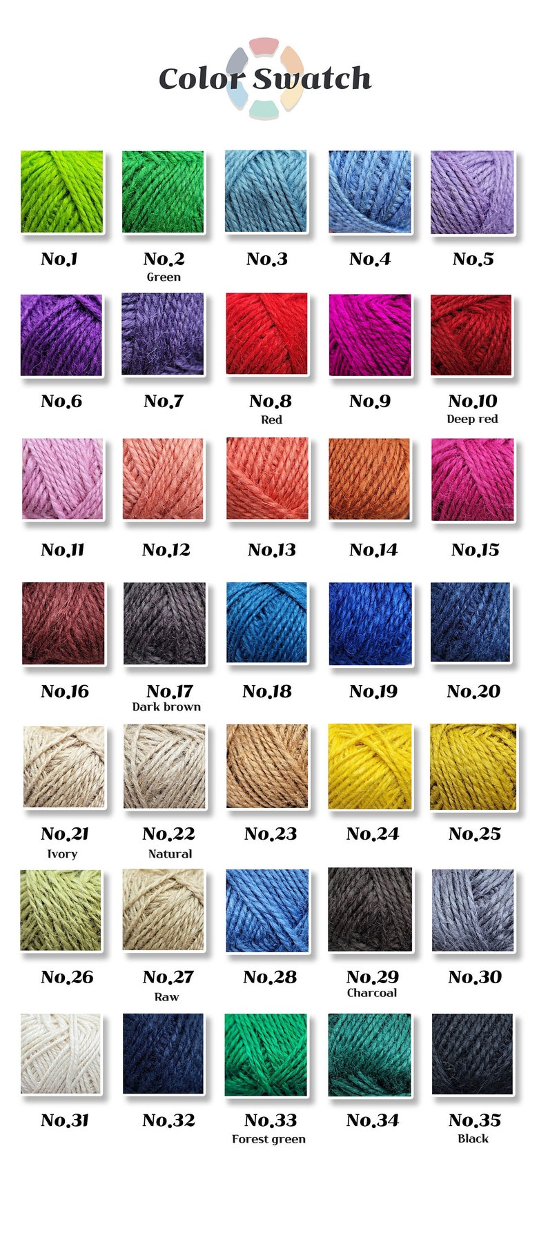 May include: Color swatch featuring 35 yarn color samples, each in a square frame. Colors range from green, blue, red, and purple to brown, yellow, and black. The text "Color Swatch" is at the top.