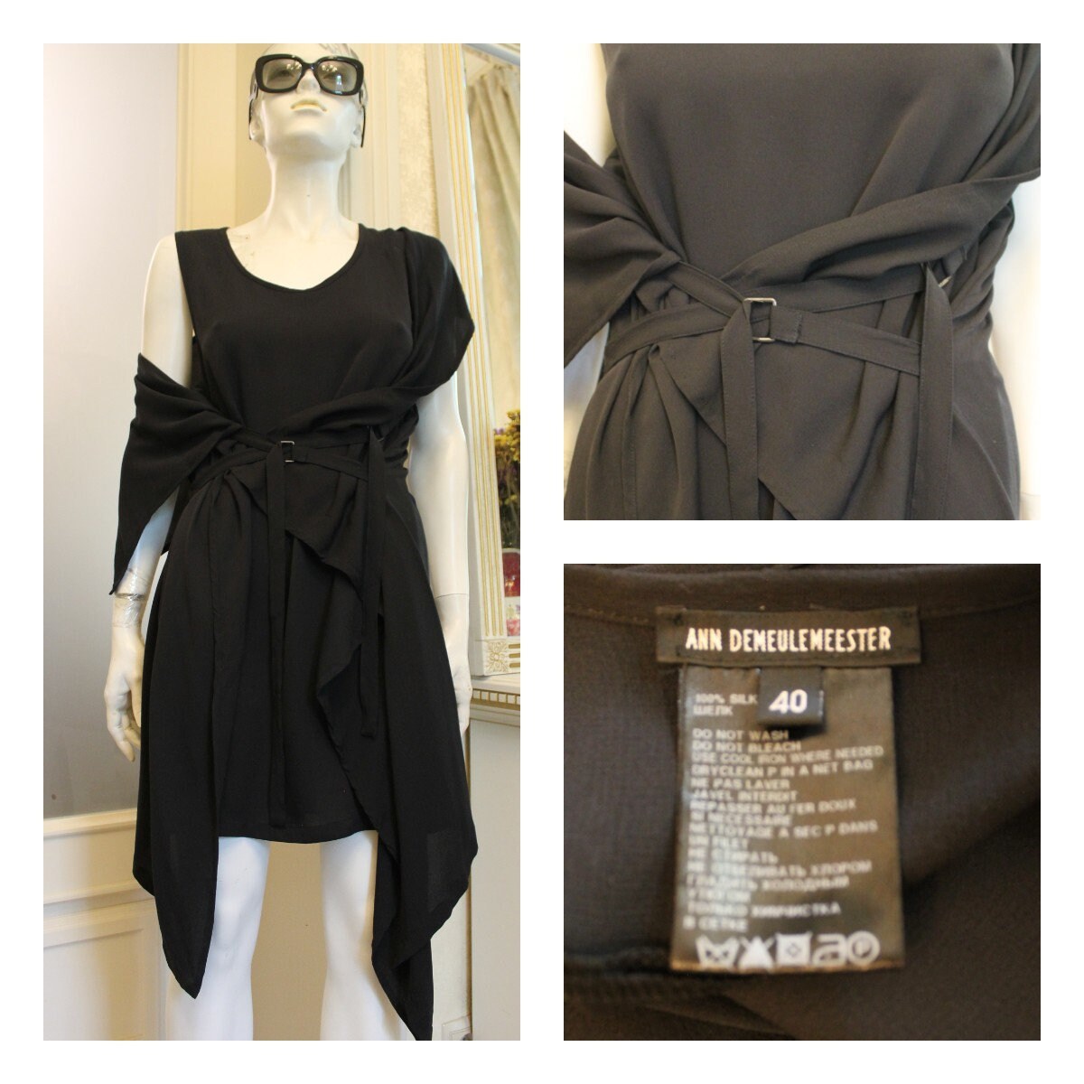 Vintage Scarf Styles -1920s to 1980s Ann Demeulemeester Asymmetric Avant Garde Black Silk Dress. Used Very Carefully, Like New. Evening Dress Day $300.00 AT vintagedancer.com