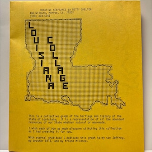 May include: A yellow paper with a black grid design forming the shape of Louisiana, with the word "LOUISIANA" spelled out within the grid. The text "CREATIVE KEEPSAKES by BETTY SHELTON" is at the top, along with an address and phone number.