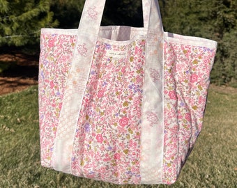 Ditsy Picnic Pink Floral Mini Tote Purse Bag, Pretty Soft Durable Handmade
