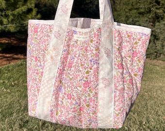 Ditsy Picnic Pink Floral Mini Tote Purse Bag, Pretty Soft Durable Handmade