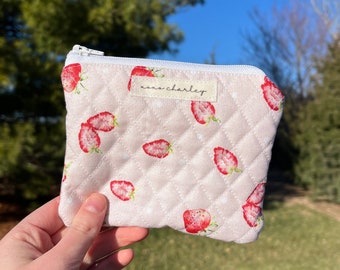 Mini Strawberry Coin Purse Bag, quilted zipper pouch / small card holder wallet / cosmetic pouch / card lipstick wallet pouch