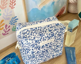 The Blue Floral Quilted Makeup Bag / cute trendy aesthetic quilted cosmetic bag
