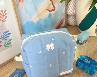 The Blue Heart Quilted Makeup Bag / cute trendy aesthetic quilted cosmetic bag