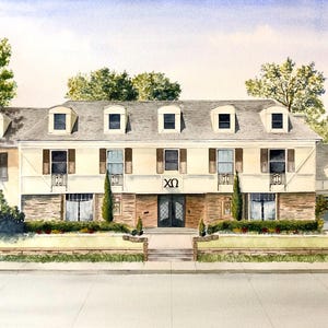 May include: Watercolor painting of a two-story building with a gray roof and dormer windows. The building has a light beige exterior with brown shutters and a black door. The Greek letters ΧΩ are above the door.