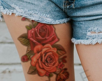 Temporary Tattoo Large Pink Roses Fake Body Art Sticker Waterproof Ladies
