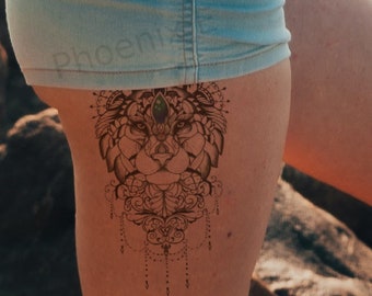 Temporary Tattoo Lion Queen Jewels Mandala Fake Body Art Sticker Waterproof