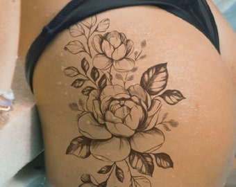 Temporary Tattoo Large Rose Flower Sketch Fake Body Art Sticker Waterproof