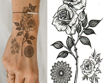 Temporary Tattoo Black Rose Dotwork Fake Body Art Sticker Waterproof Ladies