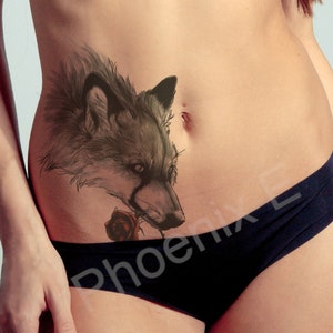 Temporary Tattoo Large Black Wolf With Red Rose Fake Body Art Waterproof