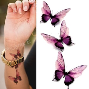 Temporary Tattoo Purple Pink Butterflies Fake Body Art Sticker Waterproof Ladies