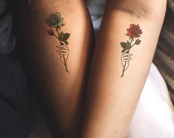 Temporary Tattoo Small Red & Blue Roses Fake Body Art His and Hers Transfer