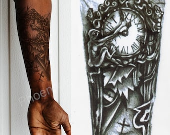 Temporary Tattoo Black Gothic Clock Fake Body Art