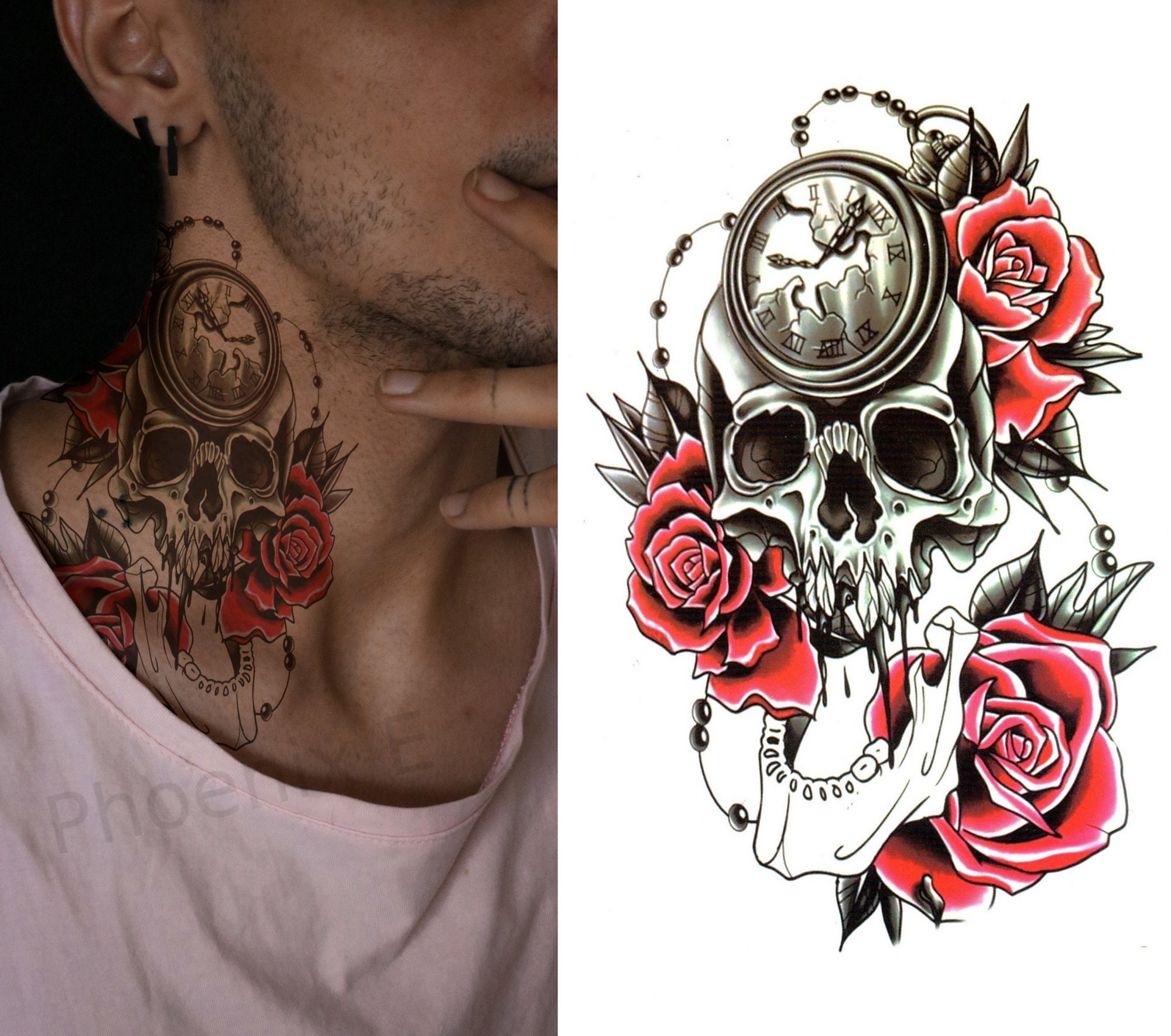 Tatuaje temporal de calavera con reloj y rosas pegatina de arte corporal falsa resistente al agua para hombres Etsy Mexico