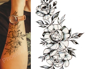 Temporary Tattoo Black Sketch Rose Flower Fake Body Art Sticker Waterproof