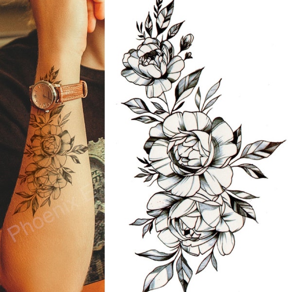 Temporary Tattoo Black Sketch Rose Flower Fake Body Art Sticker Waterproof