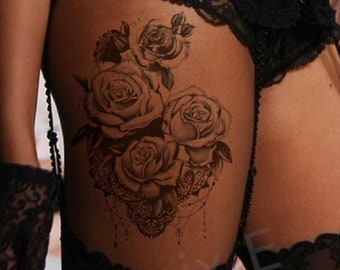 Temporary Tattoo Large Black Rose Flower with Lace Fake Body Art Sticker Waterproof