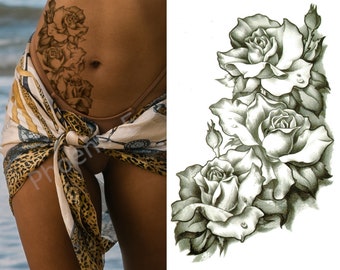 Temporary Tattoo Large Triple Roses Flowers Fake Body Art Sticker Waterproof