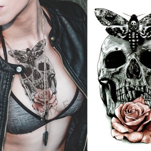 Temporary Tattoo Large Moth Skull & Rose Fake Body Art Sticker Waterproof
