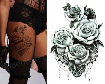 Temporary Tattoo Large Black Rose Flower with Lace Fake Body Art Sticker Waterproof