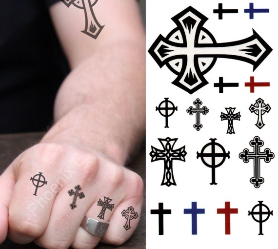 A stone Celtic cross, standing alone in the fog, with a raven perched on  the arm of the cross tattoo idea | TattoosAI